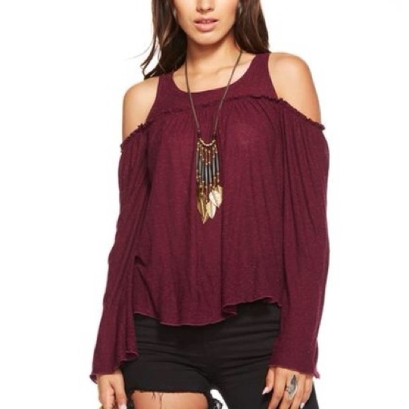Chaser Tops - CHASER Cold Shoulder Bell Sleeve Sangria Top L